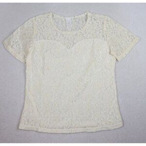 VINTAGE WOMEN'S IVORY CREAM SHEER LACE SHORT SLEEVE TOP T-SHIRT - SIZE S
